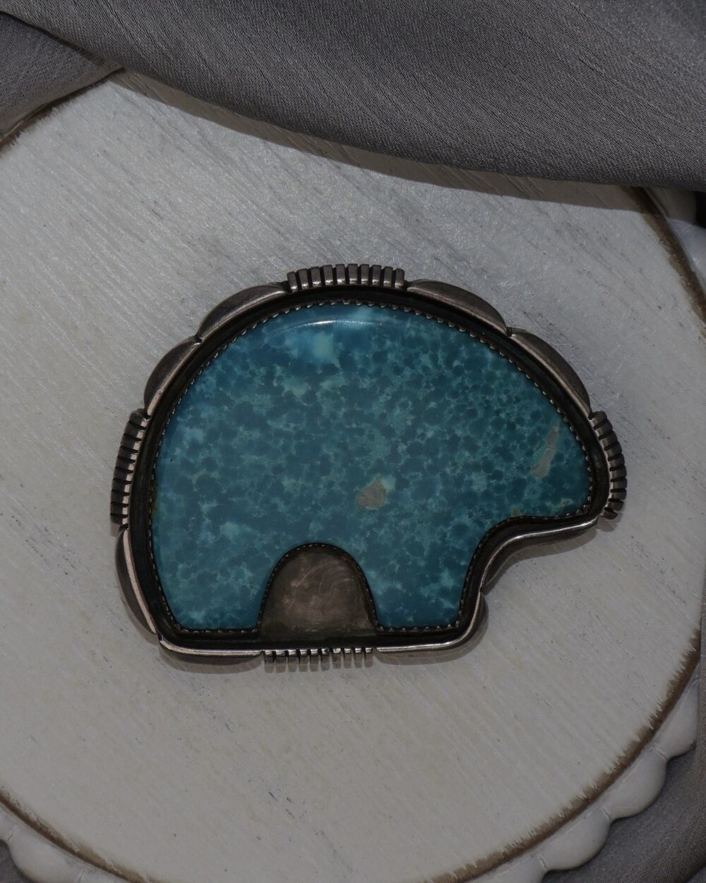 Vintage Navajo Sterling Silver Turquoise Bear Bolo Tie Clip 34.3G / 1.7in